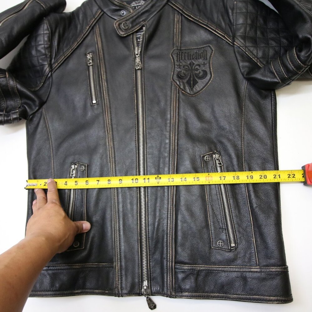 Affliction Black Premium Limited Leather Jacket Mens L fits Slim Cross Back Moto - Picture 15 of 16